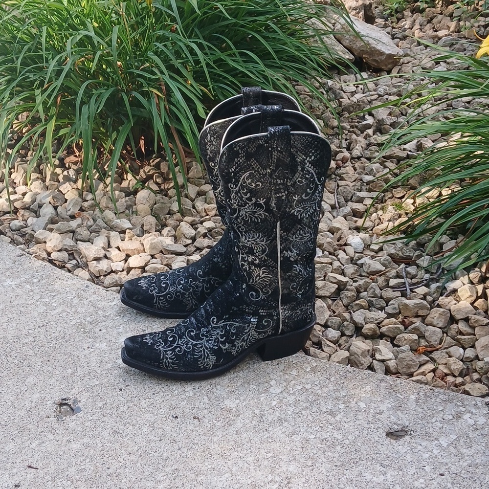Lucchese Women's N4717 Black Metallic Sueded Python Print Western Boot Sz 7 - Picture 14 of 16